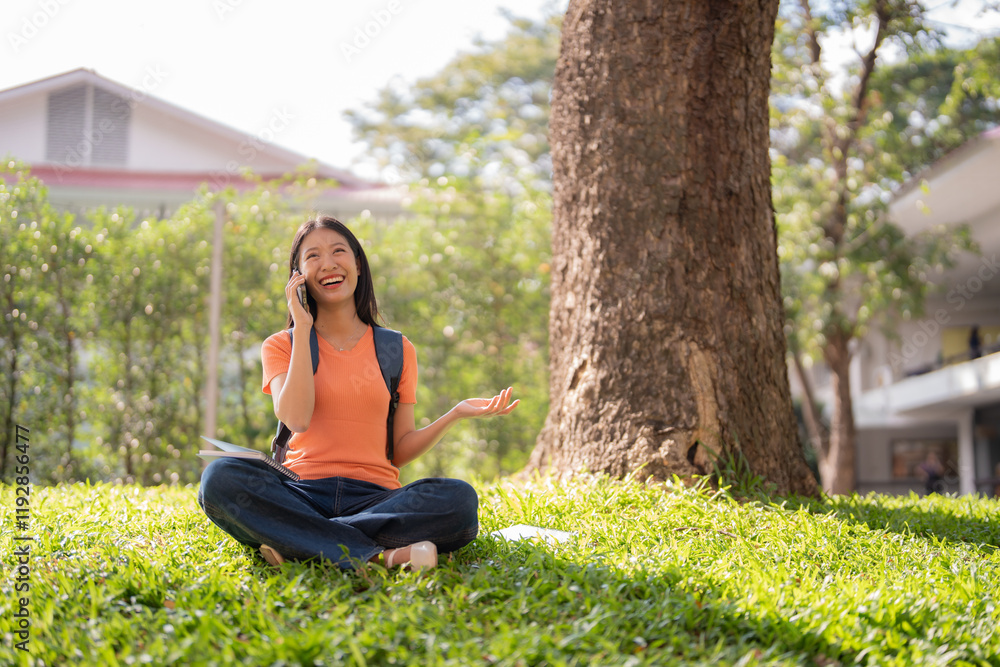 Young asian female student talking happily on the phone and gesturing while sitting on the grass under a tree on university campus during a sunny day Young asian female student talking happily on the phone and gesturing while sitting on the grass under a tree on university campus during a sunny day