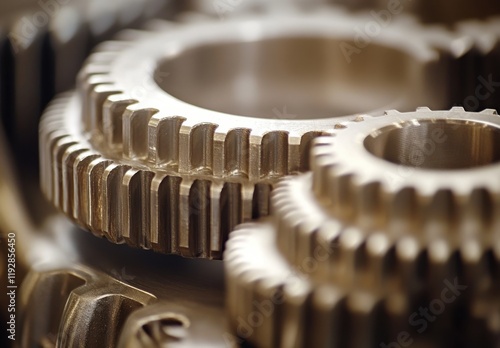 Close-Up of Interlocking Metal Gears Highlighting Precision Engineering and Intricate Design in Industrial Machinery for Technical Illustrations and Educational Materials photo