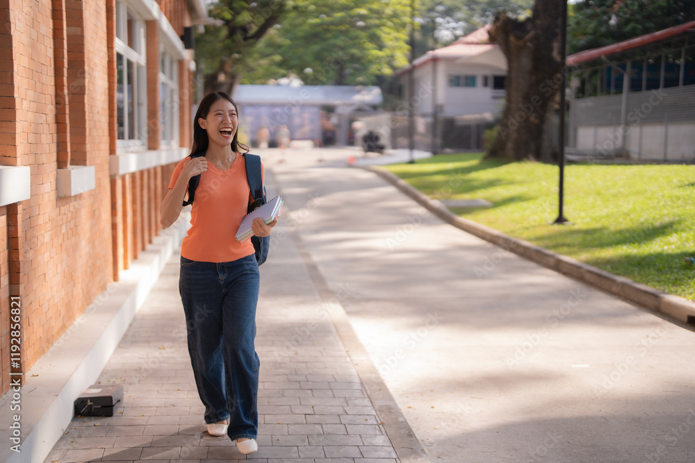 Young and cheerful Asian student walking on a sunny university campus, holding books and a backpack, smiling brightly while looking away, enjoying a vibrant summer day Young and cheerful Asian student walking on a sunny university campus, holding books and a backpack, smiling brightly while looking away, enjoying a vibrant summer day
