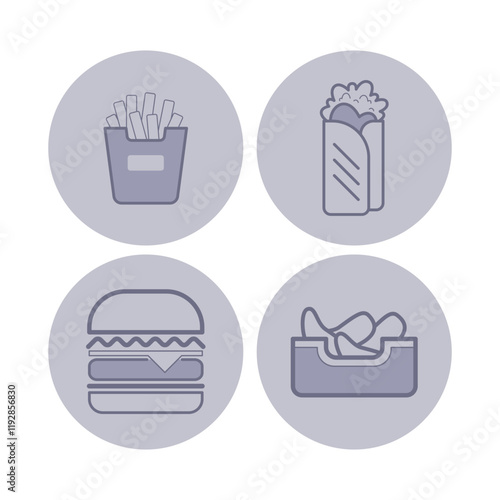 Fast food line icon set. Hamburger, French fries, fried potatoes, shawarma. Junk food, cafe, snack concept. Vector illustrations for web design and apps
