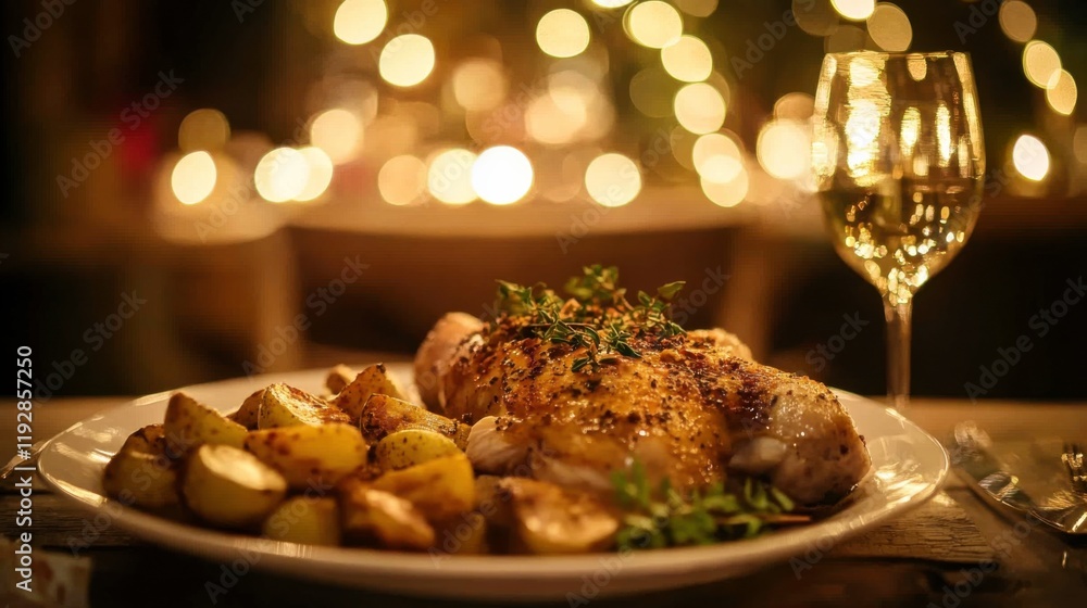 Crispy Roast Chicken Dinner with Potatoes on Rustic Table Crispy Roast Chicken Dinner with Potatoes on Rustic Table