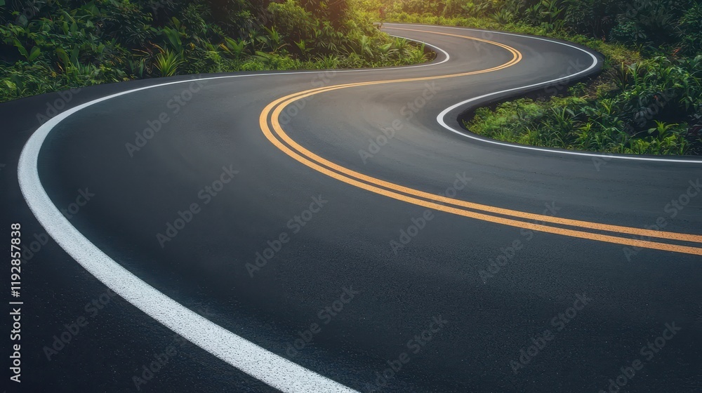Obraz premium Winding Asphalt Road Curving Through Lush Green Foliage Scenic Driveway