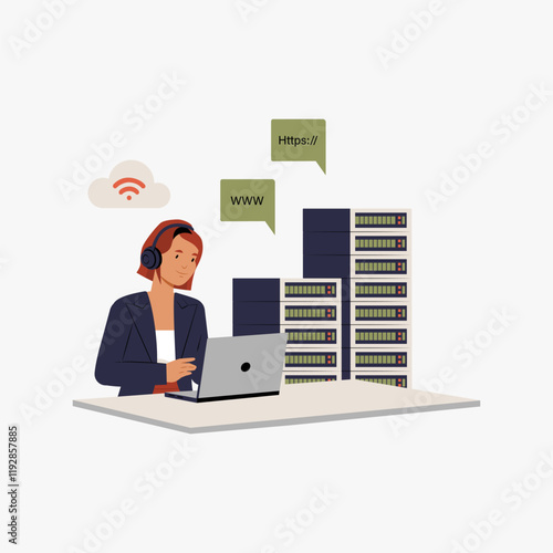 IT specialist managing servers and data, flat vector illustration symbolizing information technology, data management, and cloud computing, isolated on white background.