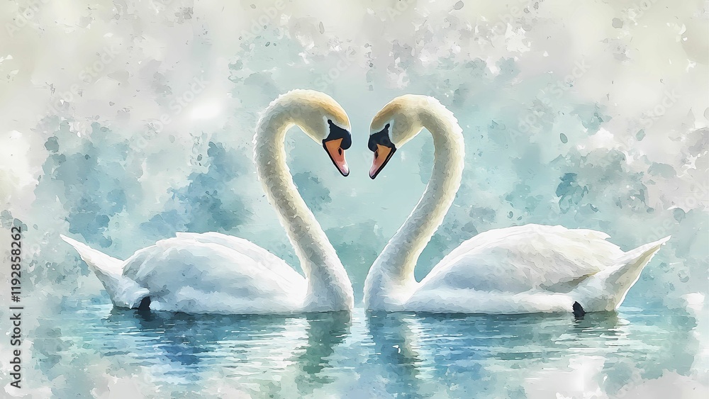Obraz premium two white swans in a heart shape on a watercolor background.