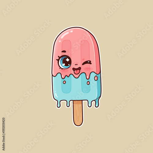 A charming cartoon popsicle with a winking face and melting ice cream, suggesting summer fun.