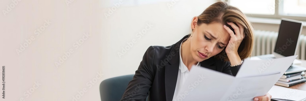 A pensive middle-aged manager sitting at a desk surrounded by financial documents, looking concerned and disappointed, stress, loss, unsuccessful A pensive middle-aged manager sitting at a desk surrounded by financial documents, looking concerned and disappointed, stress, loss, unsuccessful