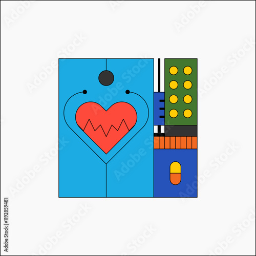 Medical technology symbol with heart and pills in flat vector illustration representing health, medical innovation, and pharmaceutical care, isolated on white background.