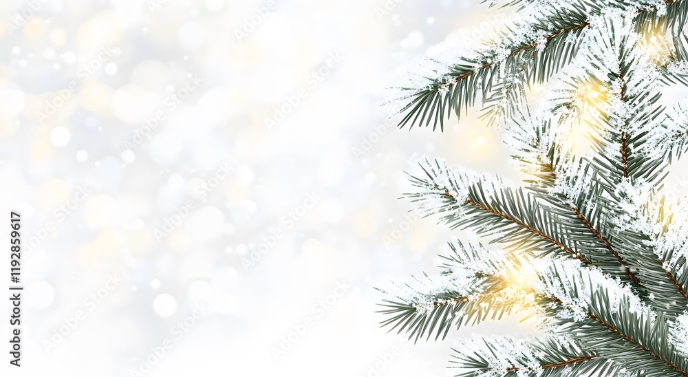 Snowy pine branch with warm lights on bokeh background. Snowy pine branch with warm lights on bokeh background.