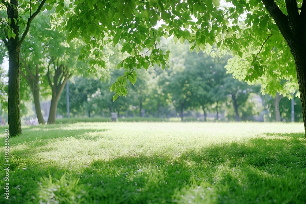 Sunny park, green grass, trees, sunlight, peaceful nature scene, background blur, ideal for relaxing themed designs Sunny park, green grass, trees, sunlight, peaceful nature scene, background blur, ideal for relaxing themed designs