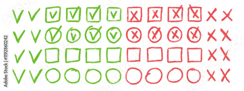 Set of checkboxes. Tick and check marks pack. Cross and v sign pencil drawn. Correct and wrong symbols. Vector doodle collection illustration isolated on white background.