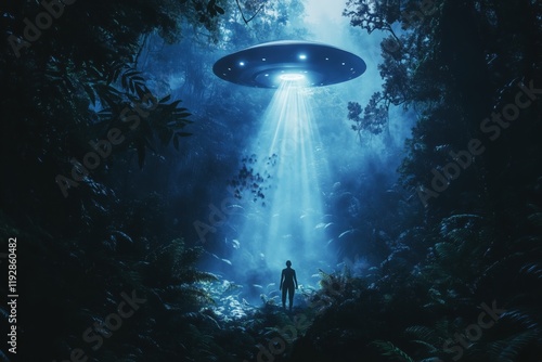 Mysterious encounter with a UFO in a dense forest during night time illuminating the surroundings with bright light photo