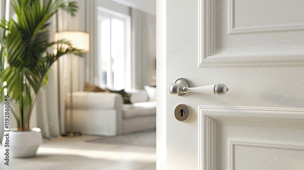 Obraz premium A contemporary door handle in matte white blends effortlessly into a light-toned door, contributing to a seamless and minimalist aesthetic in a modern home environment.