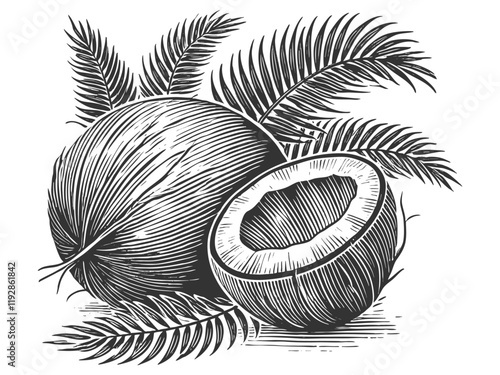 Coconut whole and sliced, a tropical fruit staple sketch engraving generative ai vector illustration. Scratch board imitation. Black and white image.
