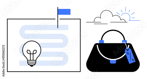 Light bulb on a winding pathway with a flag, handbag with tags under the sun and clouds. Ideal for creativity, problem-solving, goal setting, fashion, journey, success, abstract line flat metaphor