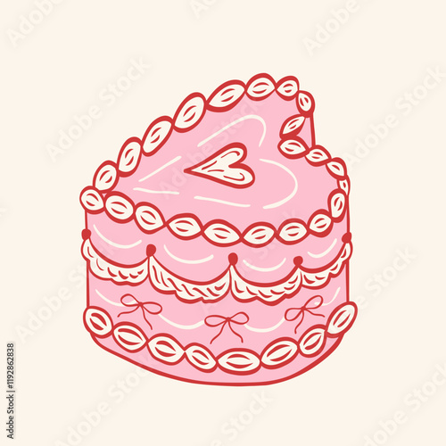 Hand drawn coquette vintage heart shape cake with bows and ribbons. Cute girly illustration. Perfect for Valentines day, wedding invitation, birthday card.