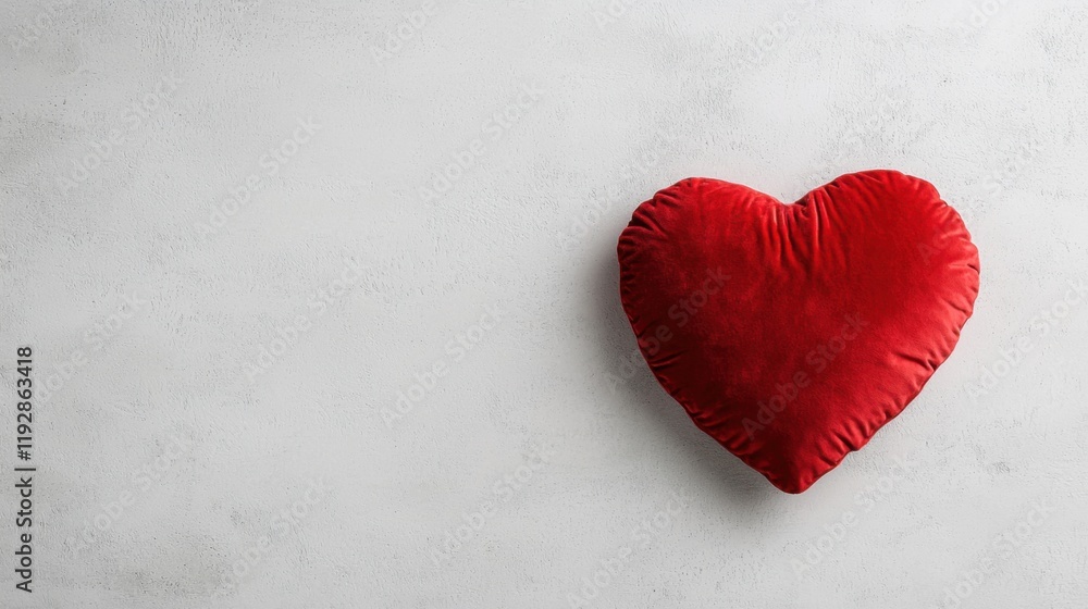 Fototapeta premium Romance valentine's day Red heart-shaped pillow on a light textured surface.