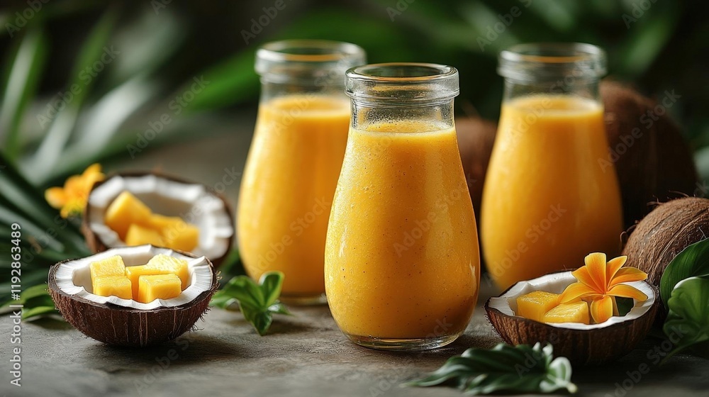 Refreshing Mango and Coconut Smoothie in Glass Bottles Refreshing Mango and Coconut Smoothie in Glass Bottles