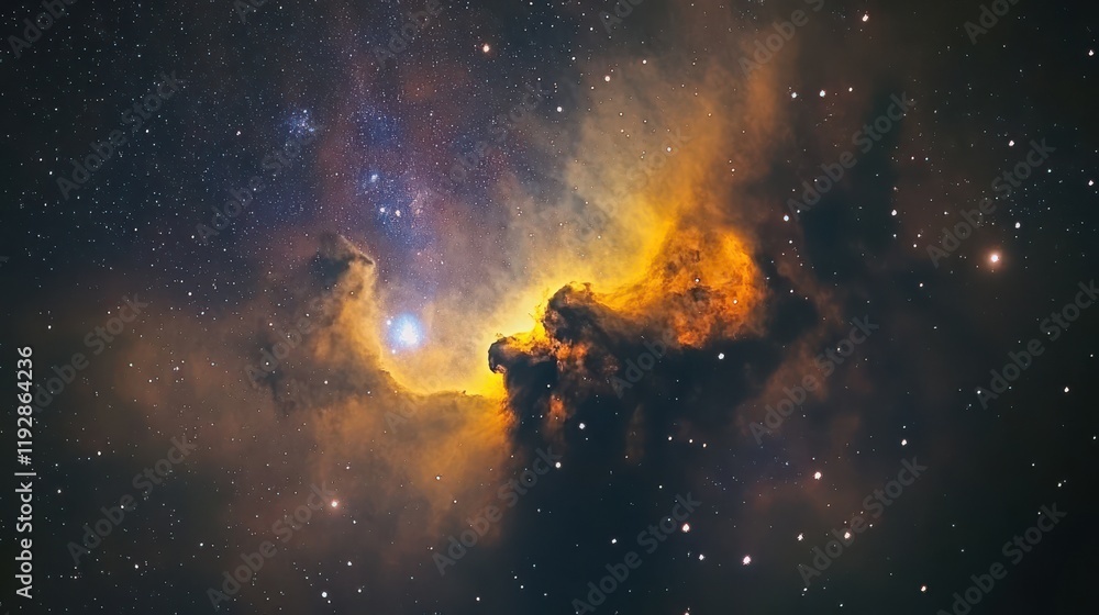 Fototapeta premium Cosmic Nebula in vibrant hues of gold and orange.
