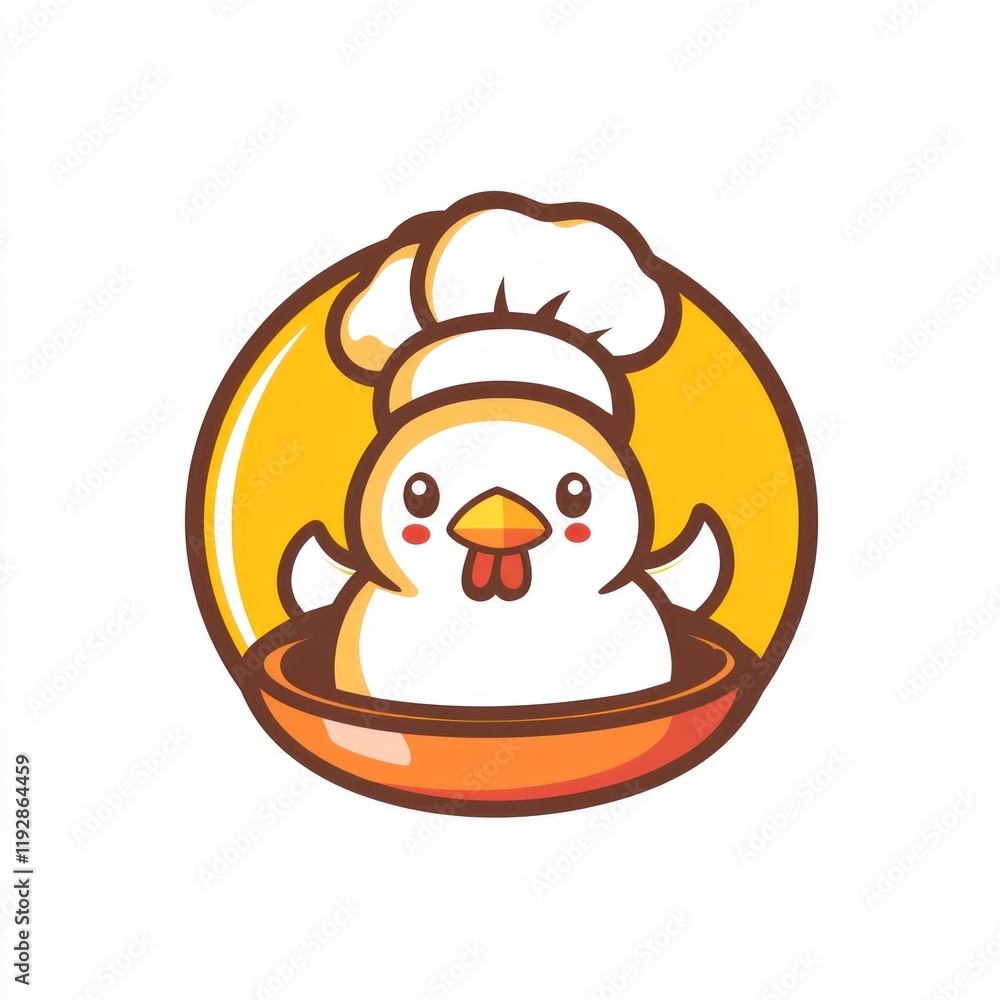 Cute chef chicken in dish, yellow sunburst, food logo design Cute chef chicken in dish, yellow sunburst, food logo design