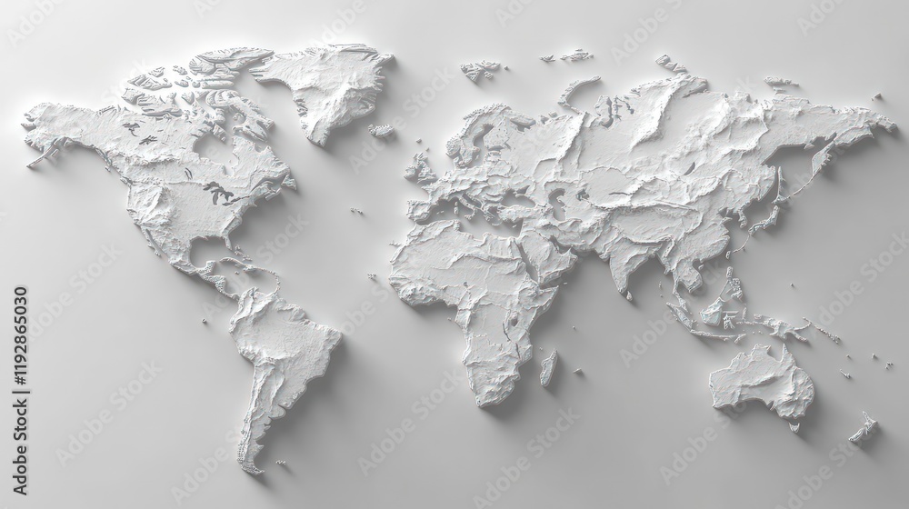 Obraz premium 3D embossed world map, textured relief, global geography.