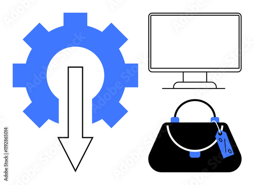 Gear with downward arrow, computer monitor, and handbag with tag represent efficiency, tech, and business management. Ideal for productivity, ecommerce, tech, work retail innovation abstract line