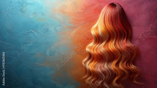 Creative colorist display featuring wavy, vibrant hair against a colorful textured background in a minimalist design. Generative AI photo