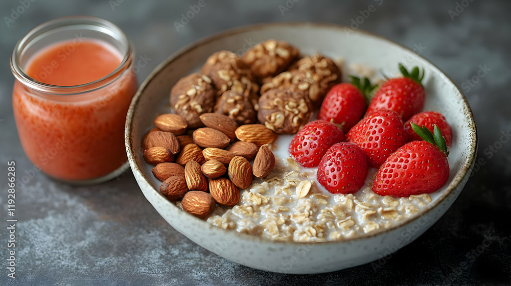 Nutritious and Delicious Oatmeal Breakfast Bowl with Strawberries, Almonds, and Cookies Nutritious and Delicious Oatmeal Breakfast Bowl with Strawberries, Almonds, and Cookies
