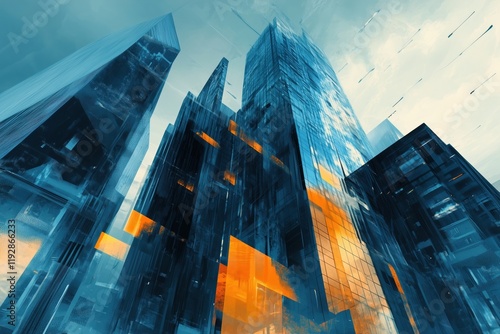 Modern skyscrapers stand tall against a vibrant blue and orange sky in an urban landscape filled with geometric reflections photo