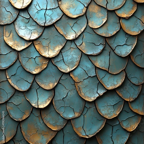 A pattern of teal dragon scales with gold accents, each scale is cracked and textured like an old oil painting. The background should be a soft blue gradient that transitions into the turquoise color  photo