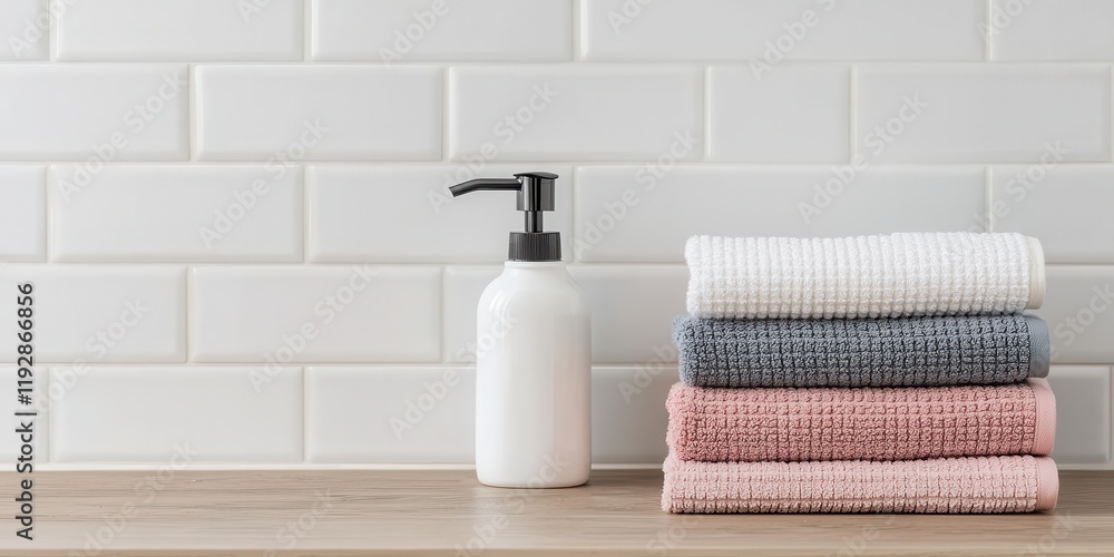 Fototapeta premium Soft Towels with Lotion in Modern Bathroom