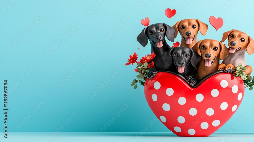 Valentine Dachshund Dog delivery love concept. Playful Dogs in Heart Container with Flowers and Hearts Valentine Dachshund Dog delivery love concept. Playful Dogs in Heart Container with Flowers and Hearts