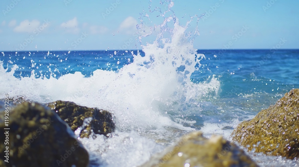 Obraz premium Ocean wave crashing on rocks, sunny day