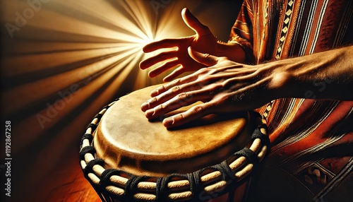 A man playing an ethnic percussion musical instrument jembe. Drummer playing african music.