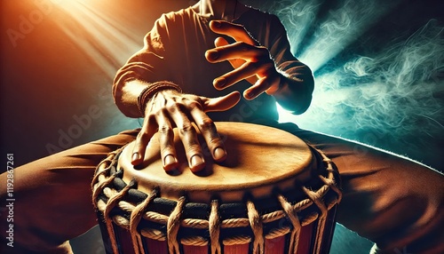 A man playing an ethnic percussion musical instrument jembe. Drummer playing african music.