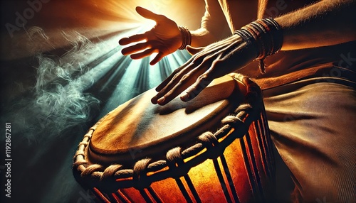 A man playing an ethnic percussion musical instrument jembe. Drummer playing african music.