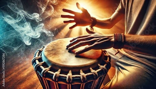 A man playing an ethnic percussion musical instrument jembe. Drummer playing african music.