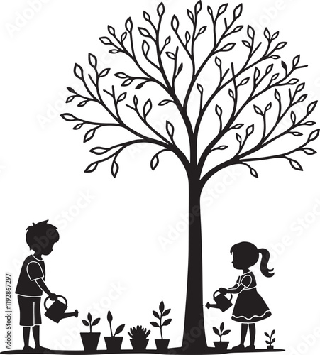  black line art drawing Silhouette of children watering a tree. planting tree to save the world 