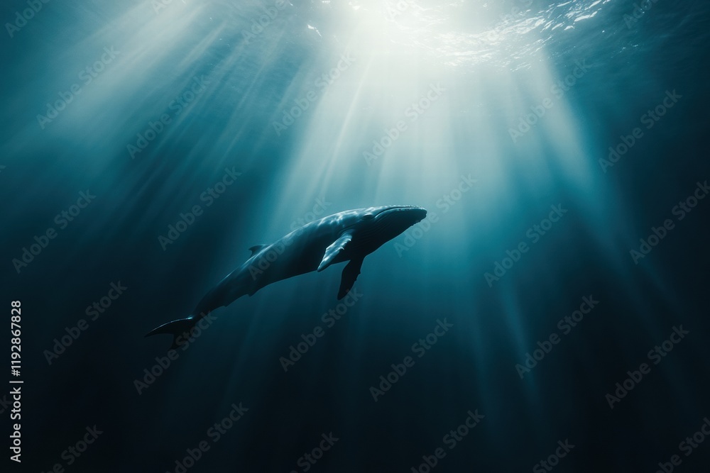 Majestic whale swimming gracefully in deep ocean waters illuminated by sunlight. Generative AI Majestic whale swimming gracefully in deep ocean waters illuminated by sunlight. Generative AI