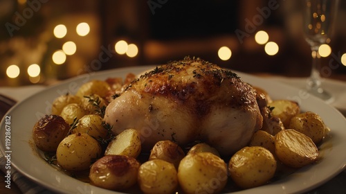 Roasted Chicken and Crispy Potatoes on a Restaurant Table photo