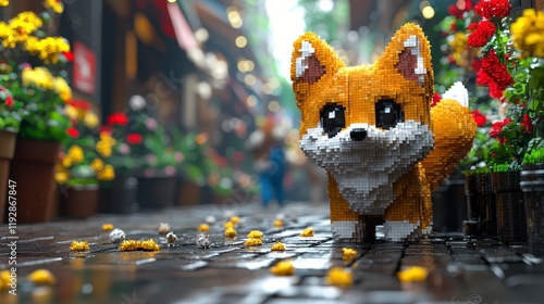 Adorable voxel fox on wet cobblestone street amidst flowers. photo