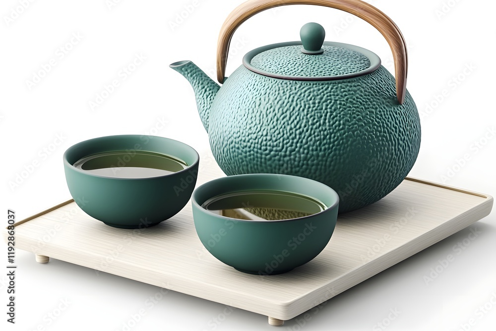 Teal Teapot & Cups on Tray: Relaxing Tea Time Teal Teapot & Cups on Tray: Relaxing Tea Time
