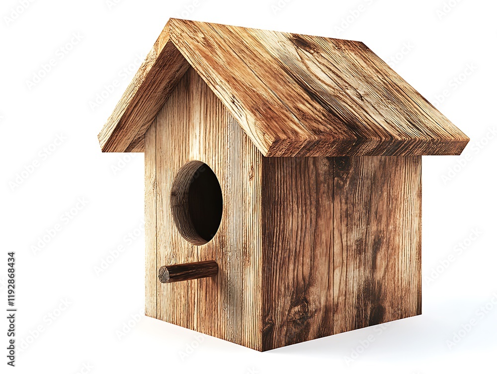 Studio shot of a wooden birdhouse, isolated on white with photorealistic detail, capturing the intricate wood grain and texture. Studio shot of a wooden birdhouse, isolated on white with photorealistic detail, capturing the intricate wood grain and texture.