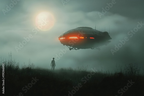 Mysterious spacecraft hovers above a lone figure in a foggy landscape at dusk photo