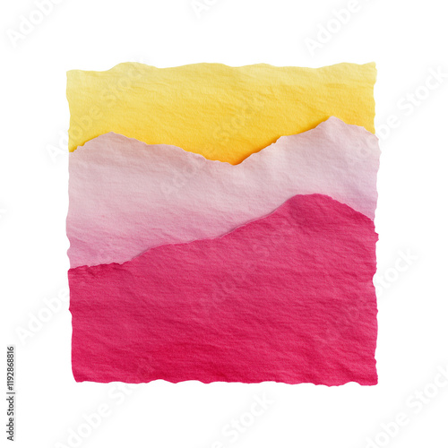 Decorative square with yellow and pink layers in mountains shape. Transparent background.