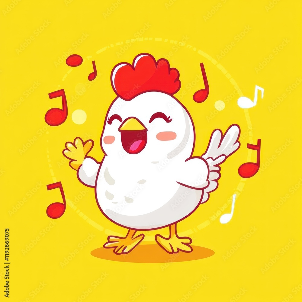Happy singing hen, yellow background, music notes, cartoon illustration, children's book Happy singing hen, yellow background, music notes, cartoon illustration, children's book