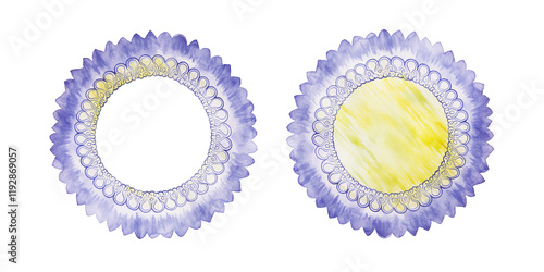 Purple and yellow decorative element of mandala shape with empty copy space in the center. Watercolor style illustration isolated on transparent background.