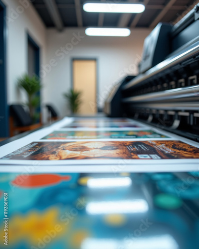 Close-up of a large-format printer producing vivid, high-resolution prints of colorful floral designs in a modern, well-lit workspace.