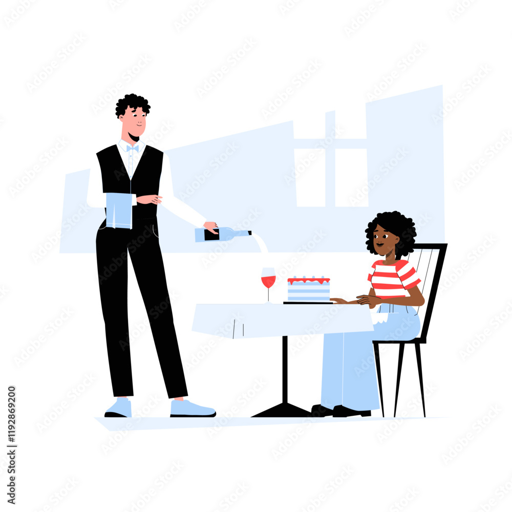 Obraz premium Waiter Pouring Wine For Female Customer At Restaurant Table In Flat Vector Illustration Symbolizing Dining, Customer Service, And Hospitality, Isolated On White Background