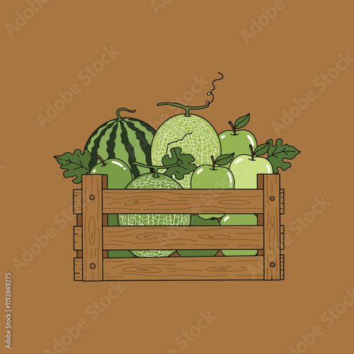 A wooden crate overflowing with a variety of fresh green fruits including watermelon, cantaloupe melons and apples.