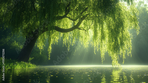 Weeping Willow Tree Over Calm Water - A Serene Nature Scene